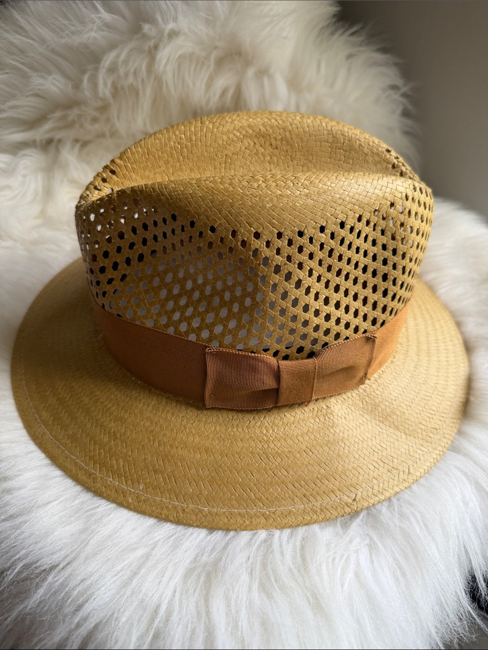 Park Royal Straw Fedora Hat with Bow Detail - Mustard